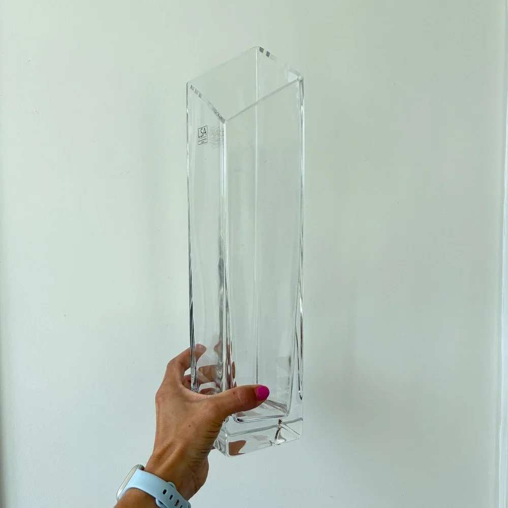 LSA International Handblown Clear Glass Square Vase 15.5 Inch Tall Geometric
